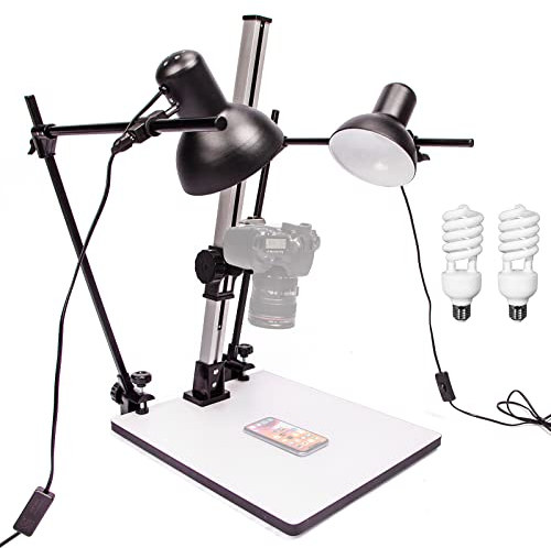 BOLLUMA Fotografie Copy Ständer Kopierständer mit 2 x Fotolampe E27 45W 5500K 220V und Schnellentriegelungsplatte für DSLR-Kamera, Makro-Shoot Video, Reproduktionsständer, Kopierlicht