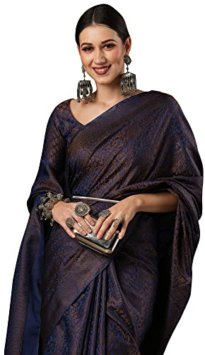 AKHILAM Sari indien en soie Banarasi pour femme avec chemisier non cousu Bleu marine (SOHNA2001_Parent)