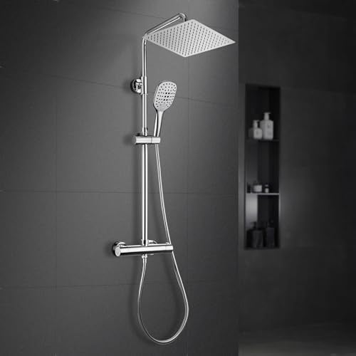 Görbach Regendusche Duschsystem mit Thermostatarmatur Mischbatterie, Edelstahl Thermostat Duschset mit XL Kopfbrause 25 * 25cm Chrom
