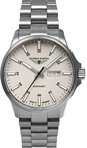Bauhaus Aviation Herrenuhr mit Lederband oder Titanband Automatik Titangehäuse 10 ATM Saphirglas Tag Datum/DayDate 2866 (Beige/Titanband)