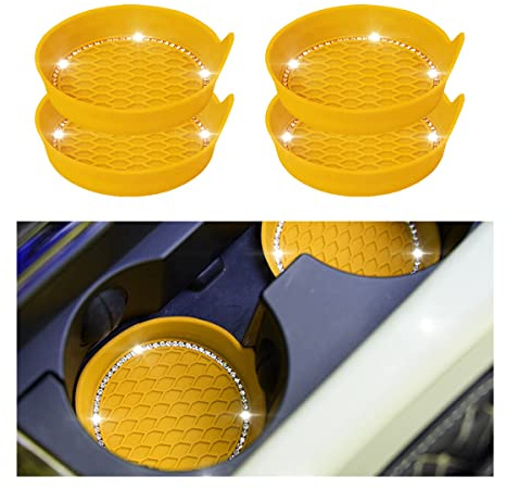 CGEAMDY Bling Auto Untersetzer Getränkehalter, Universal Bling Silikon Anti-Rutsch Einsatz Tasse Halter Untersetzer, Bling Kristall Auto Zubehor Innenraum（Gelb）