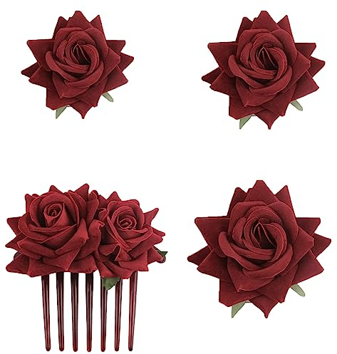 SUNTRADE 4 Stück Frauen Rose Haarnadel, Braut Rose Brosche Haarspange Hochzeit Floral Clips für Frauen Mädchen Party Hochzeit (Rotwein)