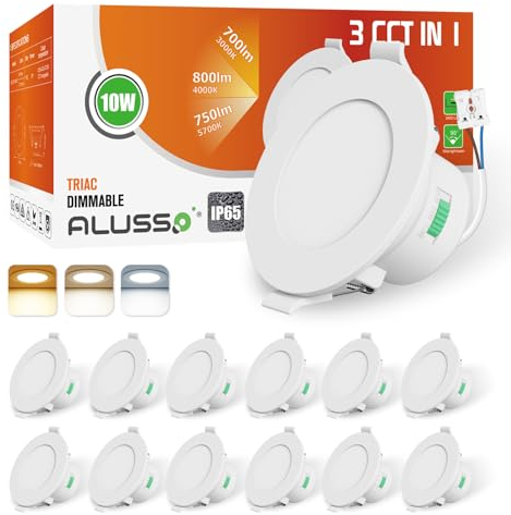 ALUSSO IP65 Faretti LED da Incasso per Cartongesso Dimmerabile, 10W 800LM, 3000K Luce Caldo 4000K Luce Neutro 5700K Luce Freddo Selezionabile, Tondo Bianco, Set da 12