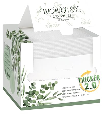 WOWOTEX Lot de 50 lingettes sèches plus épaisses jetables pour le visage, 25,4 x 30,5 cm | Ultra douces pour la peau sensible et les bébés, les voyages, le démaquillage