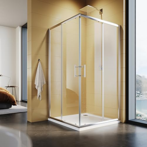 SUNXURY Cabine de douche - Entrée d'angle - 100 x 100 cm - Double porte coulissante - Portes coulissantes amovibles - Verre de sécurité ESG de 5 mm - Cadre argenté - Hauteur 195 cm
