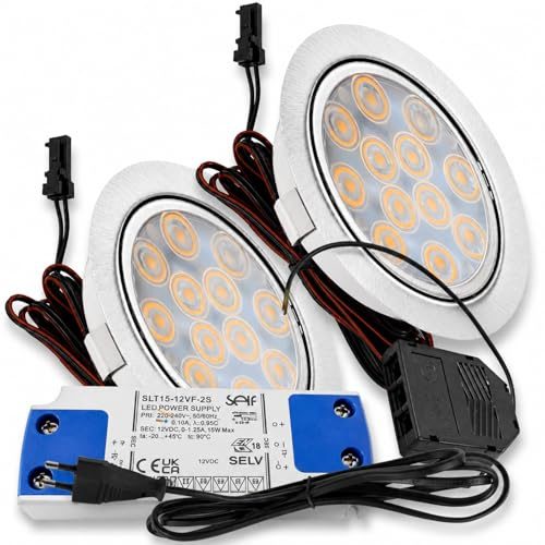 Rolux Flache LED Möbeleinbauleuchte Luna Komplettset 12V 3W Ø65mm 2er Set | Komplettset mit Trafo, Verteiler und Zuleitung für die schnelle Installation