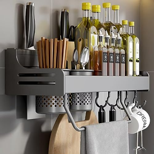 Edumov Gewürzregal Wand, Gewürz Organizer Ohne Bohren, Gewürzregale Hängend, Gewürzhalter Kleben, Küchenregal Wand Metall für Schranktür,Küche, Spice Rack, 40cm, Grau