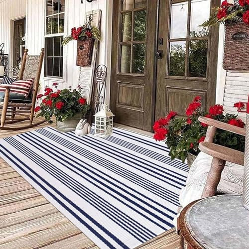 BUAGETUP Waschbarer Outdoor-Teppich, 90 x 150 cm, Blau und Weiß, Baumwolle