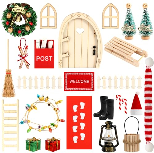 UPINS Wichteltür Komplettset, 27 Stück Miniatur Wichteltür Zubehör Weihnachten Wichtel Tür Set Kleine Elfentür Zubehör Holz Weihnachtswichtel Tür für Weihnachten Deko