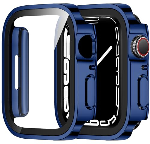 ZZDZZ 2 Piezas Funda Compatible con Apple Watch Series 9 8 7 45mm con Protector de Pantalla Vidrio Templado, HD Ultra Thin PC Dura Estuche Protector para iWatch 45mm (Azul)