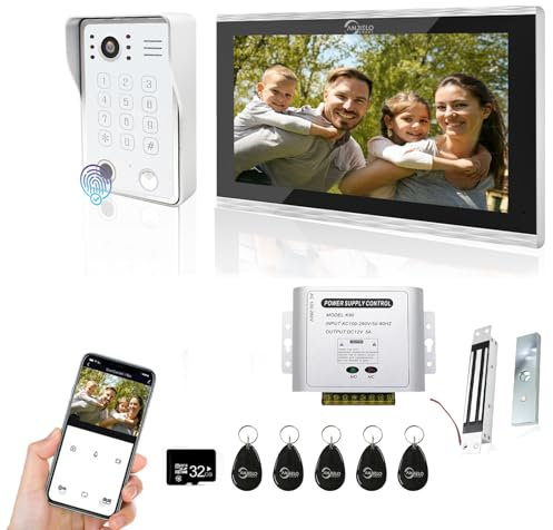 ANJIELO SMART Interphone vidéo pour portière, moniteur tactile de 25,4 cm avec système de sonnette filaire 1080p, prend en charge les empreintes digitales, carte RFID, mot de passe, avec verrouillage