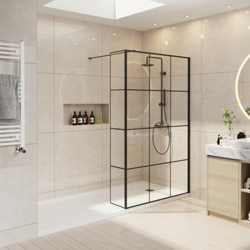 NRG 1000mm Black Grid Framed Wet Room Shower Screen Panels 8mm Easy Clean Glass with 215mm Return Panel