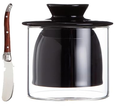 Plato de mantequilla de porcelana, frasco de mantequilla con tapa de vidrio y cuchillo de mantequilla de acero inoxidable, vasija de mantequilla para mostrador con línea de agua,Negro
