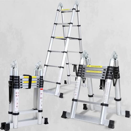 SWANEW Échelle télescopique en aluminium de 3,8 m avec stabilisateur triangulaire, pliable, antidérapante, multifonction, charge maximale : 150 kg (1,9 + 1,9 m)