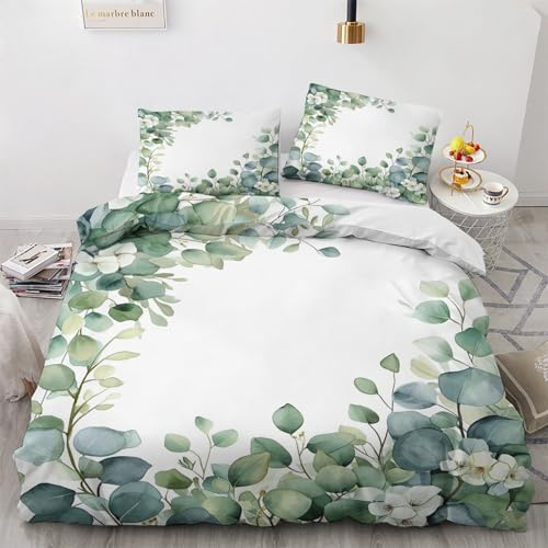 Eukalyptus Bettwäsche 135x200 - Bettbezug 135x200 Blätter, Bettwäsche-Sets 2 teilig, Weich & Atmungsaktiv Mikrofaser Wendebettwäsche und 1 Kissenbezug 80x80 mit Reißverschluss L&q-140