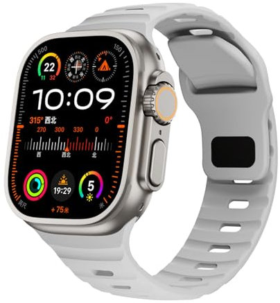 RYLIXAR Correa de Silicona Compatible con Apple Watch Ultra/Series 10/9/8/7/6/5/4/3/2/1/SE, 38-49mm, Deportiva (Gris brillante, 42mm/44mm/45mm/49mm/46mm(series10)