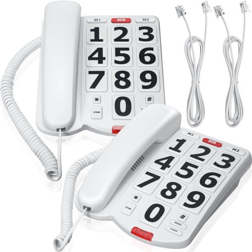 Tellegloww Telefono fisso con cavo per anziani con tasti grandi, 2 pezzi, con composizione One Touch, suoneria e altoparlante regolabili per problemi di udito e ipovedenti, telefono con tasti grandi,