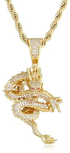 ICEDIAMOND Iced Out Imperial Shenlong Anhänger Kettenkette, 18 Karat vergoldetes Messing Exquisiter Hip Hop Luxusschmuck für Männer (Gold,Brass)