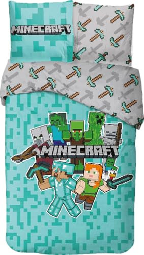 arlis Bettwäsche Minecraft, wendbarer Bettbezug, 140 x 200 cm, Kissenbezug 63 x 63 cm, 100 % Baumwolle (Bettwäsche Minecraft, 140 x 200 cm)