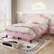 BTM Double Bed, Upholstered Double Bed Frame with Adjustable Button-Tufted Headboard, PU Faux Leather Double Bed Frame with Solid Wood Slats, 4ft6-135x190cm, Pink+Beige (No Mattress)