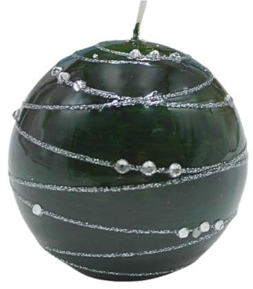 Dekohelden24 Edle Kugelkerze, Tischkerze, Dekokerze, Wachskerze mit Edelsteinmotiv, Dekoschalenkerze als Kugel 8 cm Silberstreif, in dunkelgrün.