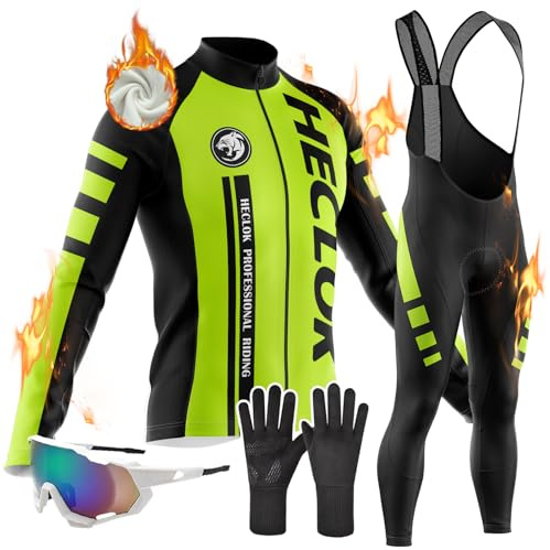 Vêtements Cyclisme Homme Hiver Tenue Cycliste en Polaire Thermique,Maillot Velo VTT Jersey Manche Longue et Pantalon à Bretelle avec 9D Coussin Gel, Coupe-Vent et Chaud MTB