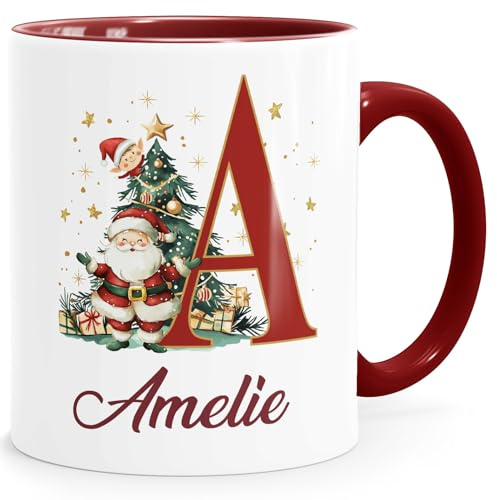 SpecialMe® Tasse Weihnachten Buchstabe Initiale Weihnachtsmann personalisiert Name persönliches Geschenk Weiss-innen-bordeauxrot standard