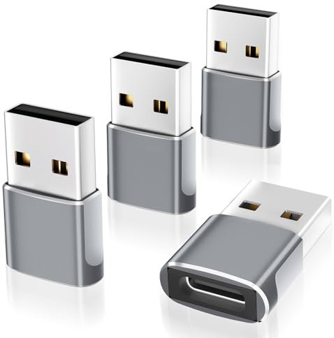 Omivine 4 Stück USB-C Buchse auf USB-A Stecker OTG Adapter Auto Ladekabel Konverter für iPhone, Mac, Laptop, Tablet, Smartphone, usw -Silbergrau