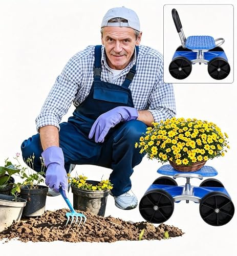 locwanot rollbarer Gartenwagen mit Sitz für Rasenpflege, 360° drehbar & höhenverstellbar, Werkzeugablage und faltbarer Outdoor-Stuhl