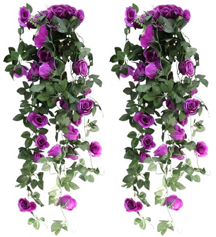 JOZMMZEOOA 2 Stücke Rose Kunstpflanze Hängend 90 cm Rose Blumengirlande Hängepflanzen Artificial Flowers Rosengirlande Künstliche Blume Wand Hochzeit,für Zuhause Garten Party Hochzeit (Lila)