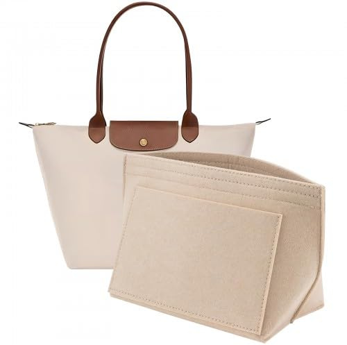 Wisebom Felt Bag Insert Organizer for Longchamp - Purse Insert With Multiple Pockets, Folding Handbag Storage for Keys Lipstick Coin (Beige, M)