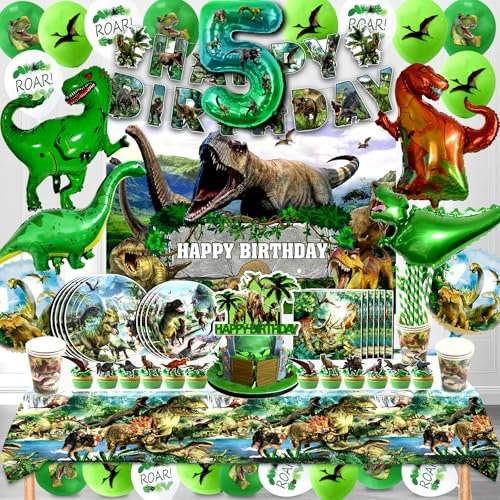 Decorazioni Dinosauri Compleanno 5 Anni,Palloncini Dinosauri Set 146 Pcs,Giungla Palloncino Elio,Dinosauri Compleanno Feste Bambini,Dinosauri Stoviglie Kit con Piatti Tovaglia Banner