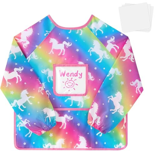 WERNNSAI Tablier Peinture, Fille Licorne Blouse Peinture de 2-8 ans, Imperméables Créatif Tablier à Manches 3 Poches, Tabliers Cuisine pour Manger Art Cuisine