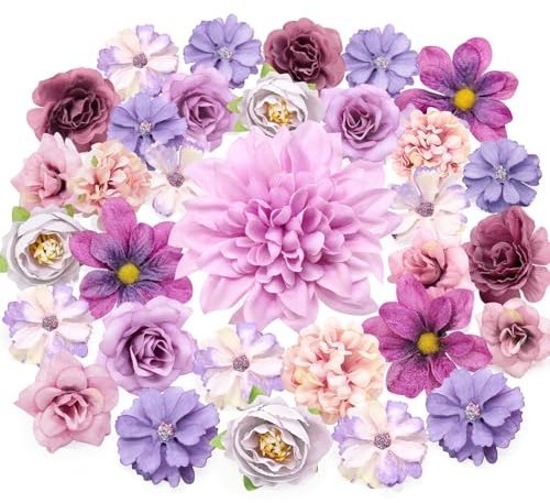 MOTONG 50PCS Fleurs Artificielles Deco, Fausse Fleur Decoration Tete de Fleur Artificielle Exterieur Decoration Gateau Guirlande Fleurs Bouquet Mariée de Décoration Deco Mariage, Violet