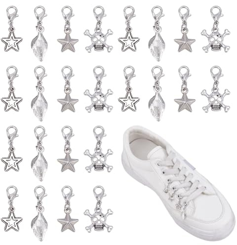 HOBBIESAY 40 Stück 4 Stile Totenkopf Stern Schuhanhänger Punk Stil Skelett Clip Auf Totenkopf Schnürsenkel Anhänger Stern Schuhdekorationen Legierung DIY Zubehör Für Turnschuhe Rucksäcke Hüte
