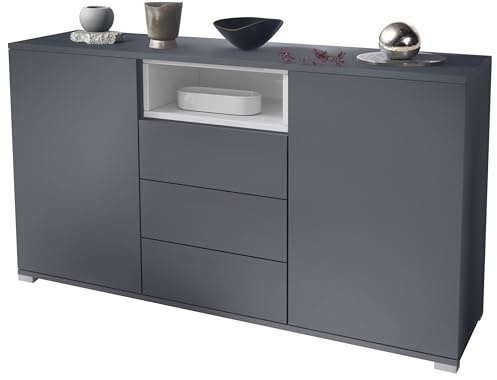 Vladon Skadu V2 Sideboard, Kommode mit 2 Türen, 3 Schubladen und 1 offenem Fach, Anthrazit matt/Weiß Hochglanz (138,5 x 75,5 x 35 cm)