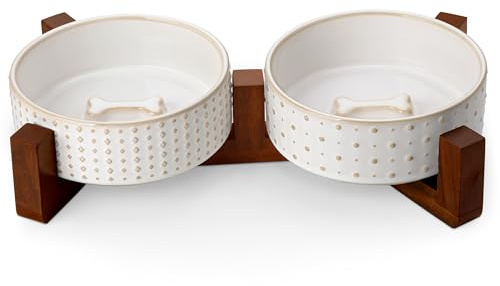 MALACASA Dog Bowl Set, Ceramic Bowls with Walnut Wood Stand, 1.5 Cups | Rhombic and Polka Dot Design, Non-Slip Base, for Cats and Dogs, About 26% Heavier than Similar Ceramic Bowls