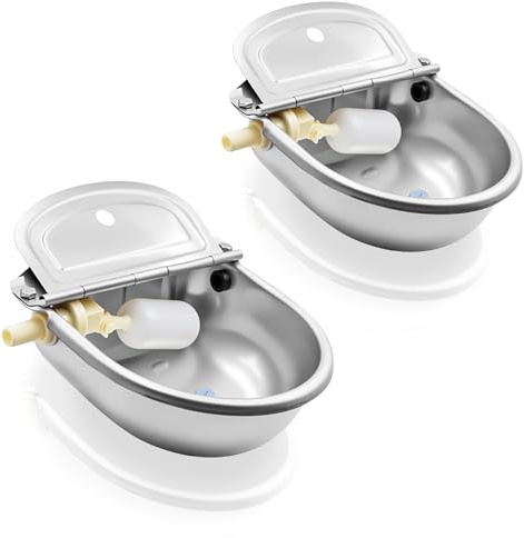 Fsehyue Automatic Animal Drinking Water Bowl with Float Valve and Drainage Hole 304 Stainless Steel Feeder Waterer Livestock Water Trough Suitable for Pet Dog Horse Cattle Goat Sheep 2Pcs（Dia 9in）