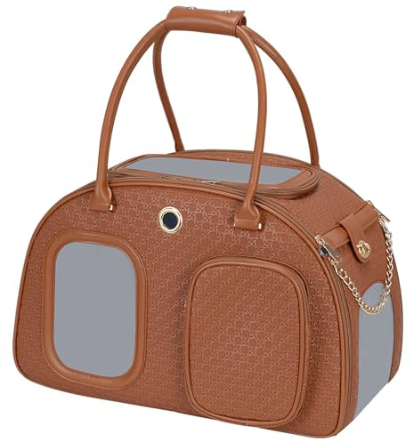 Stilvolle Luxus-Hundetragetasche für kleine Hunde, belüftete Haustier-Tragetasche, weiche Seiten, für Welpen, kleine Tiere mit Taschen, Braun, 42,9 x 22,9 x 30 cm (L x B x H)