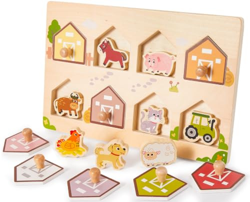 HYAKIDS Farm Animals Peg Puzzles Wooden Toys for 1+ Year Olds | Montessori Toys for Boys Girls, Preschool Educational Learning Toy Birthday Gifts for Toddler Age 1-3