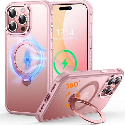 CUTELFON O3 Mag-Ständer Entwickelt für iPhone 15 Pro Hülle mit 360° Ständer,[Kompatibel mit MagSafe][Super Hautgefühl] Durchscheinende Matte Magnetische Schlanke Handyhülle 6,1,Matt Rosa