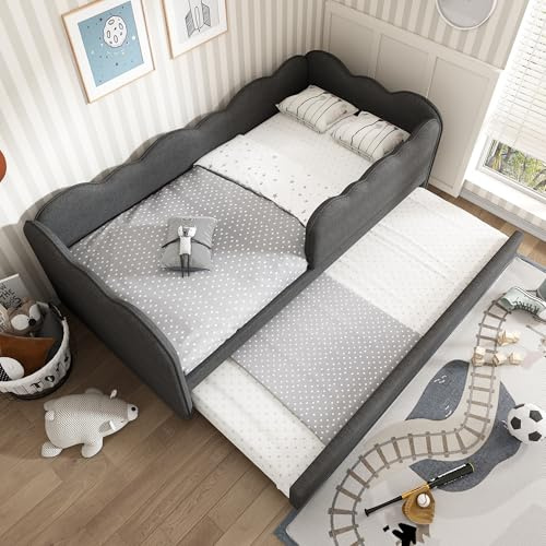 Dolamaní Polsterbett Kinderbett 90x190 cm mit Ausziehbett 90x190 cm, Daybett Kinder, Sicherheitsdesign für Leitplanken, Leinen, ohne Matratze (Grau)