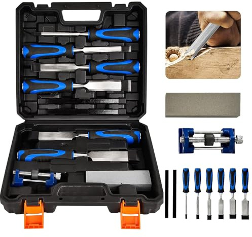 Chisel Set - 10pcs Woodworking Tools Set -Soft Grip with Strike Cap Set for Woodworking, Cr-V Construction Heavy Duty Chisel with Honing Guide, Sharpening Stone, Pencil & Storage Case