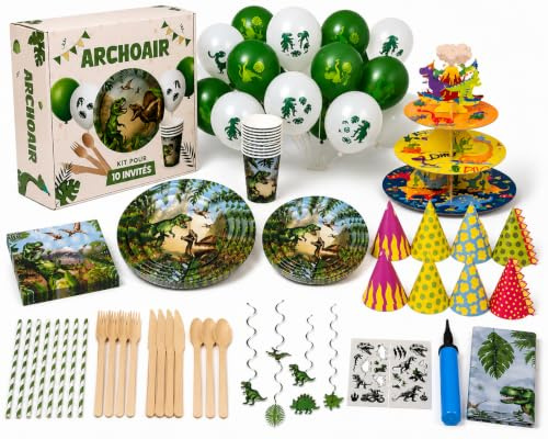 Kit Anniversaire Dinosaure 10 Enfants Décoration Anniversaire Garçon avec Vaisselle, Ballons, Bannière, Nappe, Gobelets, Serviettes, Présentoir à Gâteaux 3 Étages, Pompe, Chapeaux, Tatouages,