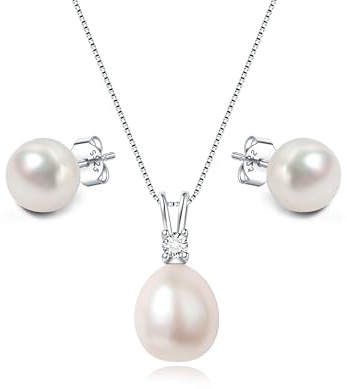 YAMI Perlenschmuckset für Damen, 9,5–11 mm AAAA Süßwasser-/Salzwasserperlenkette und 8–8,5 mm Perlenohrringe, Perlenohrringe Silber 925, Ideal für Geschenke
