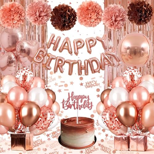 Decoration Anniversaire Fille Femme, Ballons Anniversaire Or Rose | Décoration Anniversaire avec Bannière de ballons Happy Birthday,Rideau à Franges Or Rose, Ballons en Aluminium 4D et Coeur