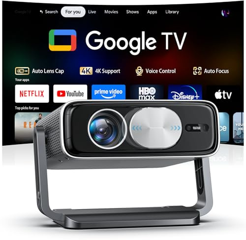 Smart Beamer mit Google TV Stick【Auto-Objektivabdeckung, 2500ANSI】 Beamer 4K Heimkino mit Autofokus & 6D Trapezkorrektur, Full HD 1080P, WiFi6, 360° Drehbarer Tragbarer Projektor mit APP für Outdoor