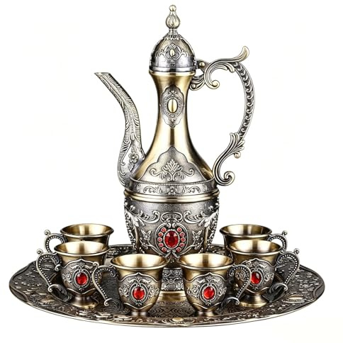 Turkish Tea Coffee Set, Vintage Metal Teapot with 6 Cups & Serving Tray, Luxury Gold Accent Drinkware Set, European Jug for Home Decor, Wedding Birthday Housewarming Gift