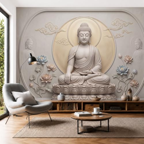 DLERFLOVR Plâtre 3D Zen Papier Peint Photo Panoramique, Soulagement Du Bouddha Fresque Murale Décoration Murale Pour Salon Chambre D'Enfants, Restaurant, TV Fond, 200x140cm