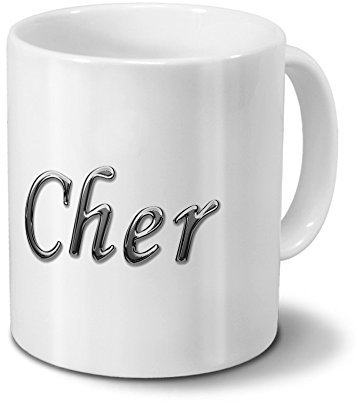 printplanet Tasse mit Namen Cher - Motiv Chrom-Schriftzug - Namenstasse, Kaffeebecher, Mug, Becher, Kaffeetasse - Farbe Weiß